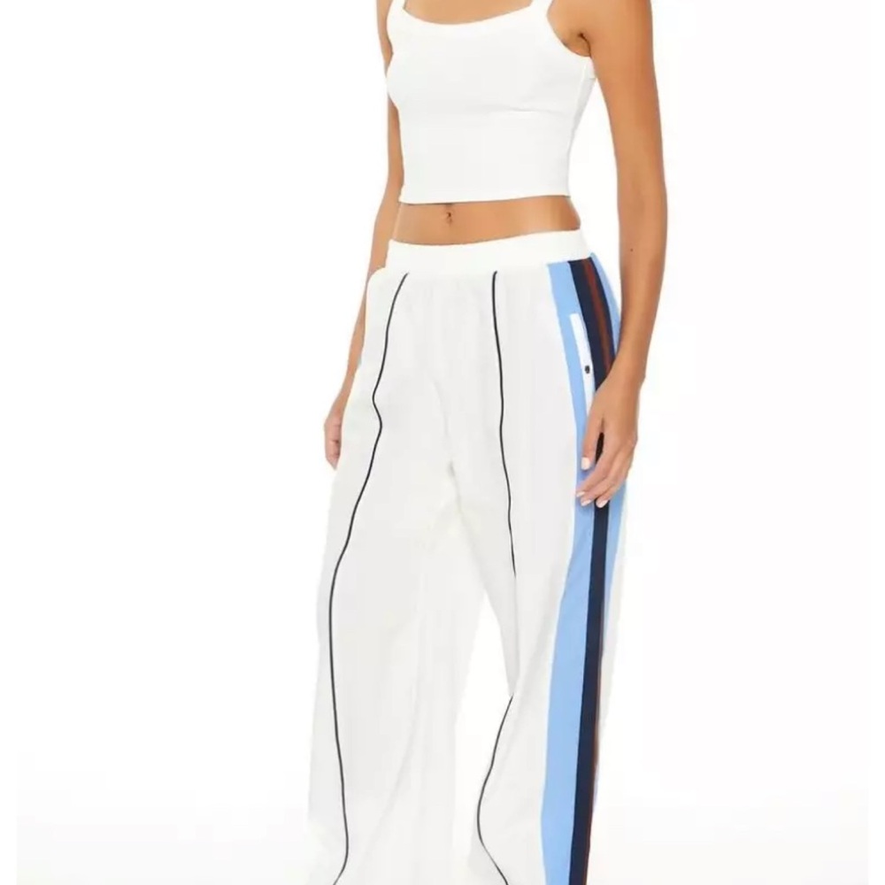 Forever 21 White and Blue Track Pants with Bold Stripes